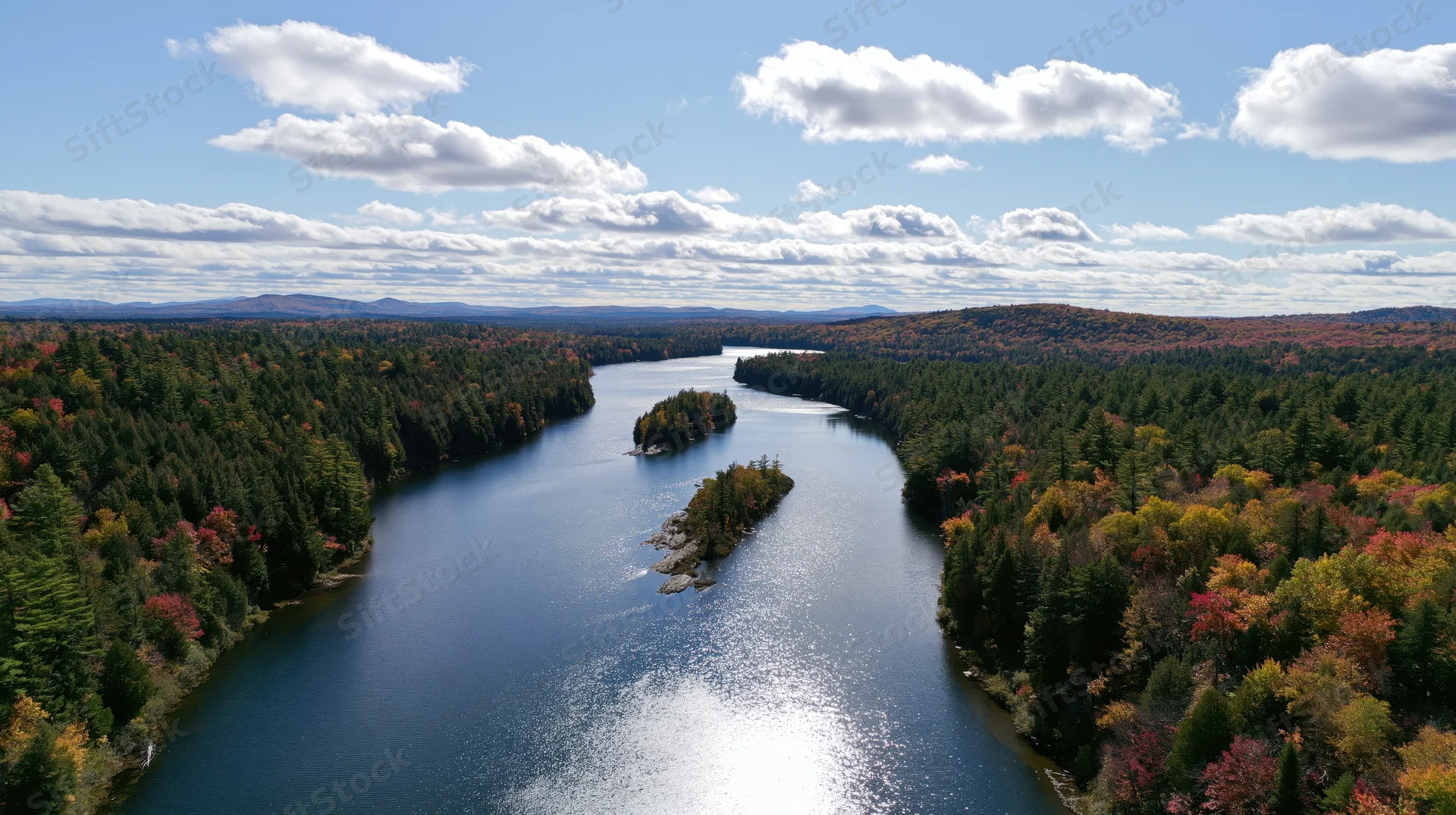 Aerial view of a wide river winding through dense forest in autumn with colorful foliage and blue sky above