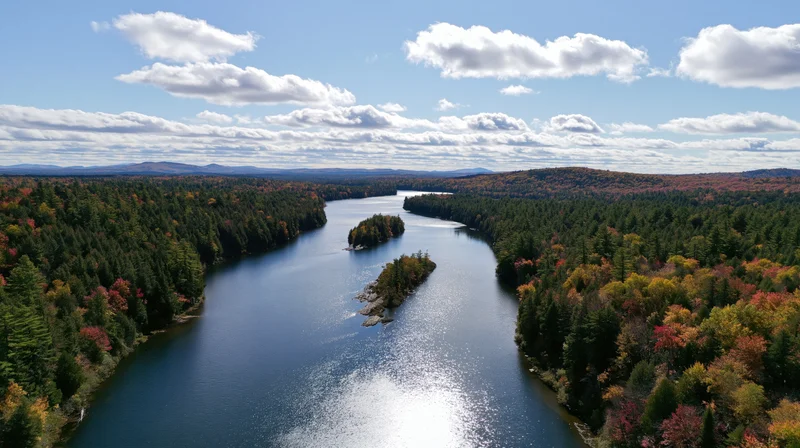 Aerial view of a wide river winding through dense forest in autumn with colorful foliage and blue sky above
