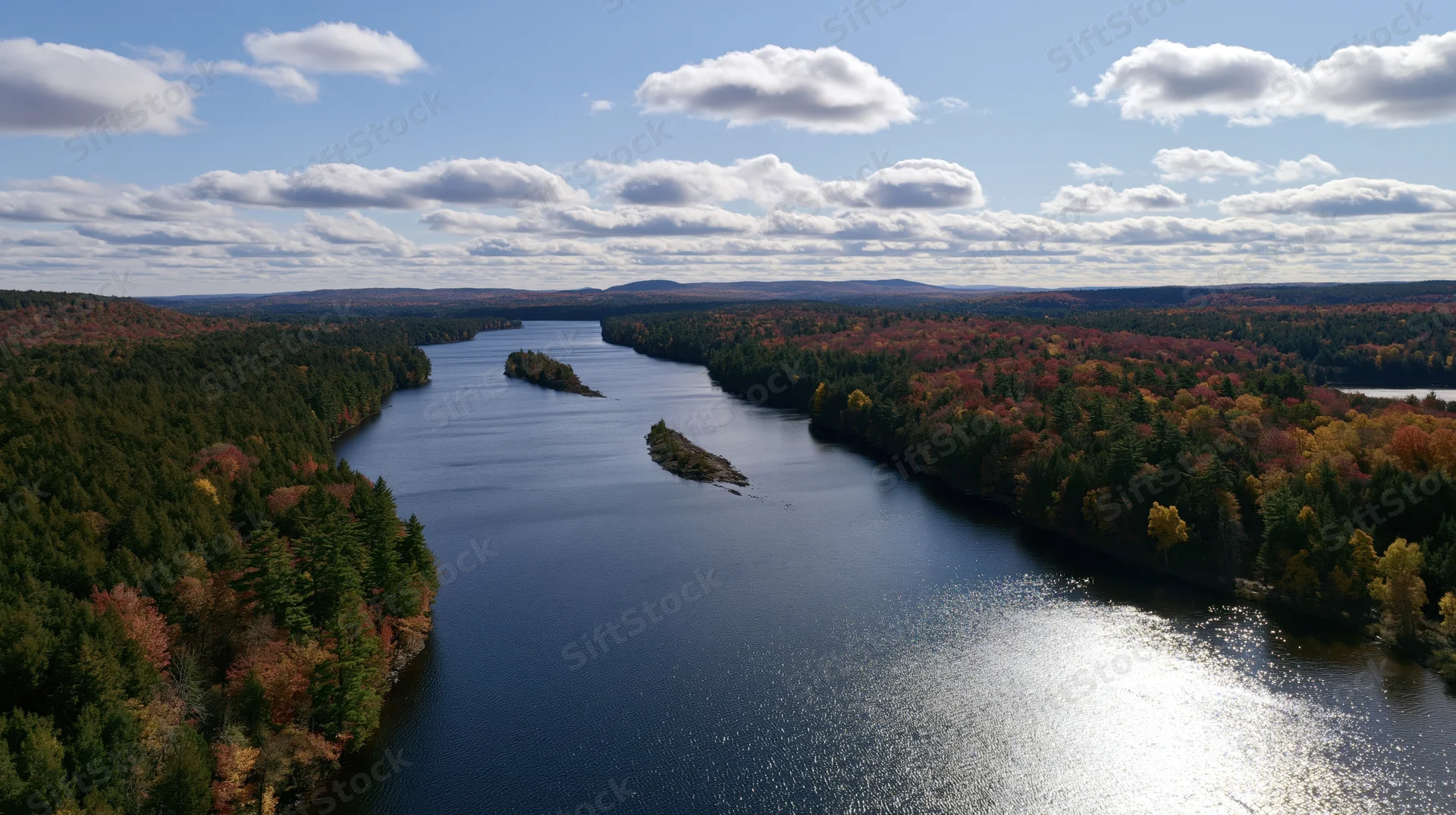 Aerial view of a wide river winding through dense forest in autumn with colorful foliage and scattered clouds above