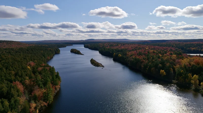 Aerial view of a wide river winding through dense forest in autumn with colorful foliage and scattered clouds above