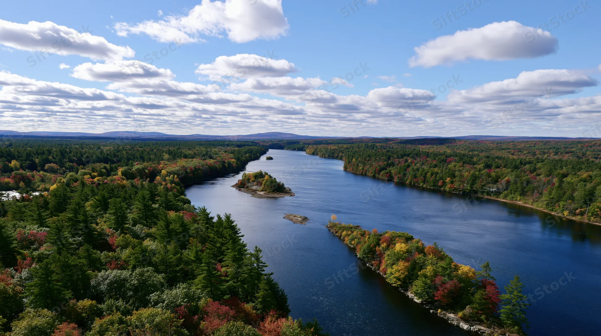 Aerial view of a wide river winding through dense forest in autumn