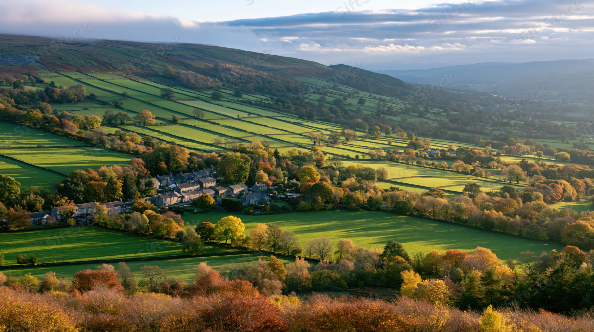 Aerial view of an english countryside valley in autumn showing rolling green fields and a village among trees