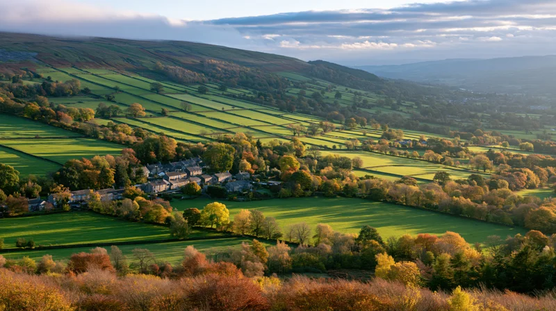 Aerial view of an english countryside valley in autumn showing rolling green fields and a village among trees