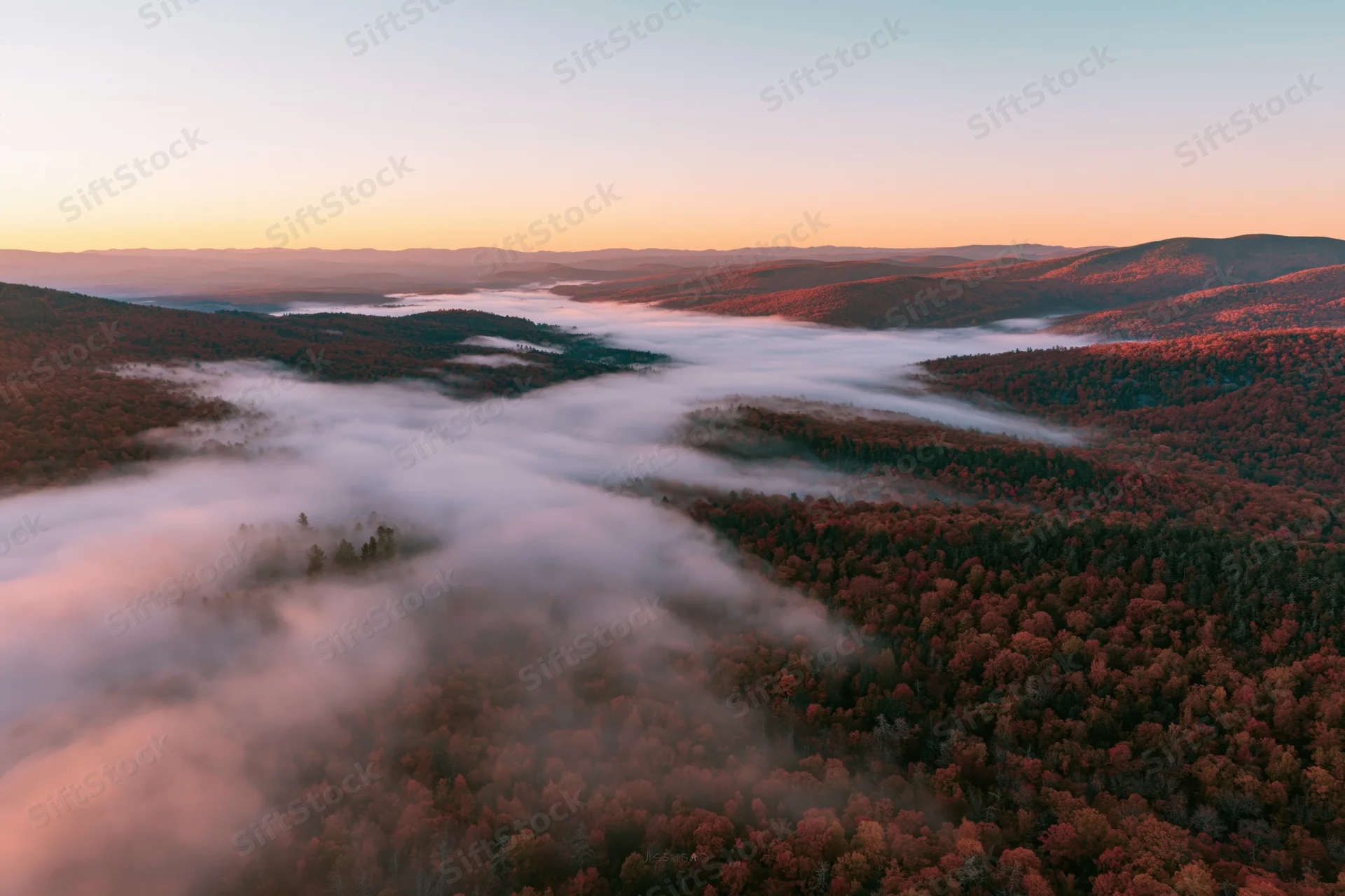 Aerial view of autumn forest valley filled with low morning mist at sunrise