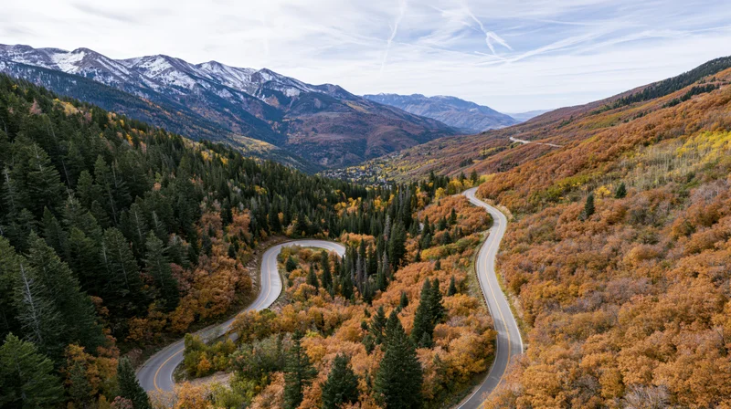 Winding alpine road through autumn forested valley with snow-capped mountains in background