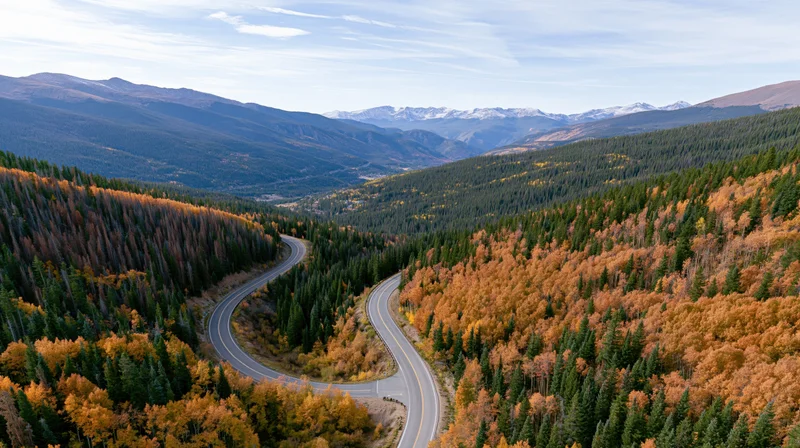 Winding alpine road through autumn forested valley with snow-capped mountains in the distance