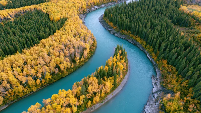 Aerial view of a winding turquoise river curving through autumn forested valley