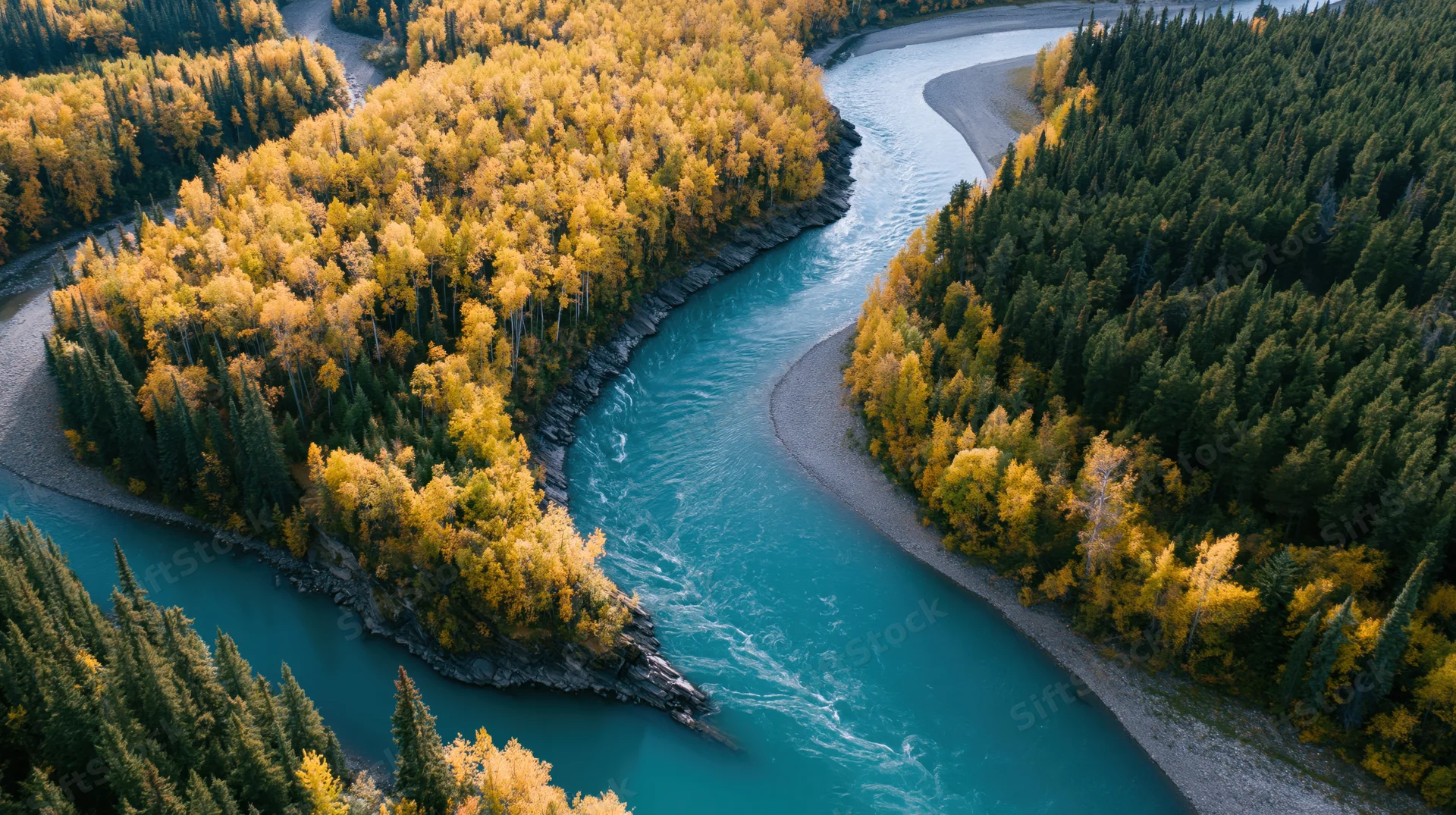 Aerial view of a winding turquoise river flowing through autumn forested canyon