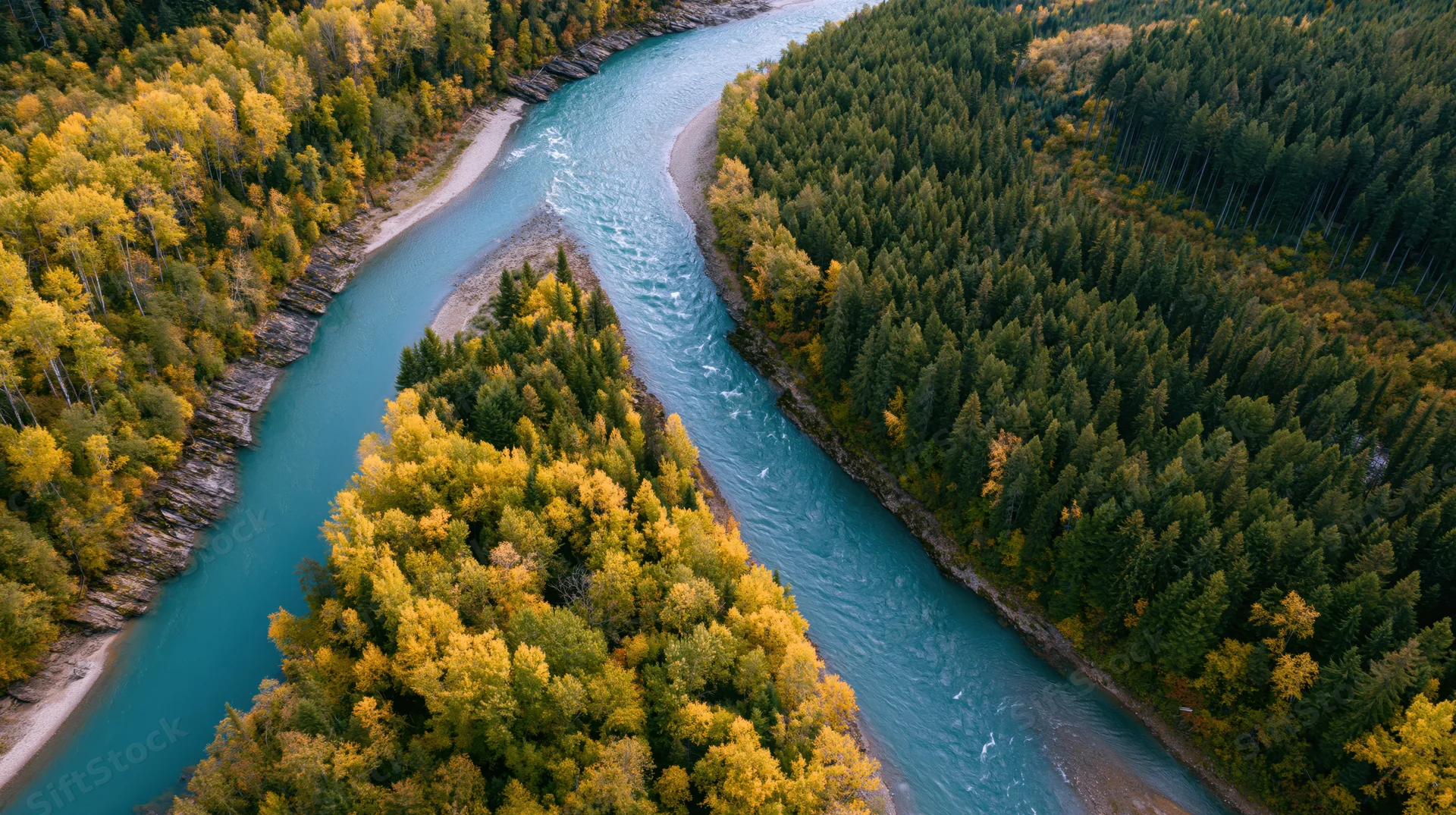 Aerial view of a winding turquoise river curving through autumn forested canyon