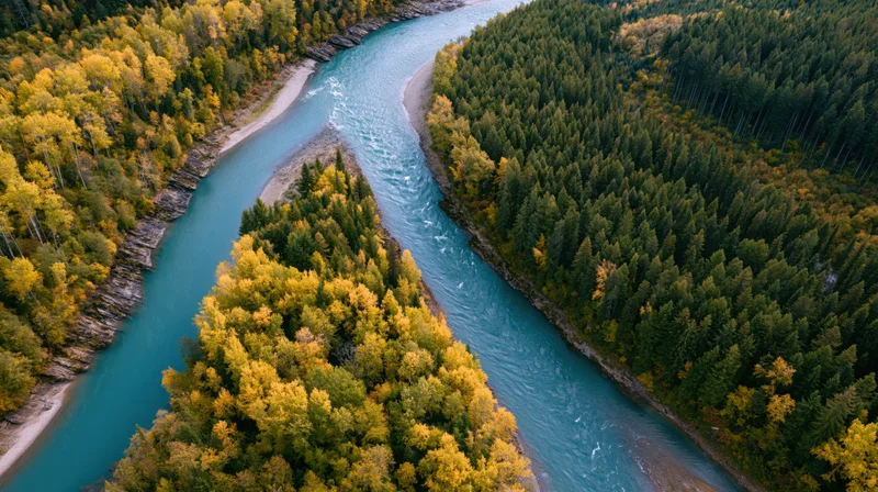 Aerial view of a winding turquoise river curving through autumn forested canyon