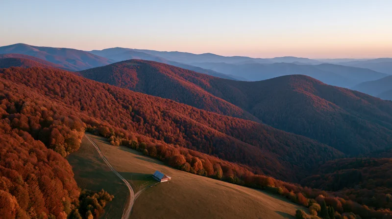 Aerial view of rolling carpathian hills covered in autumn forest with a barn on a meadow at sunset