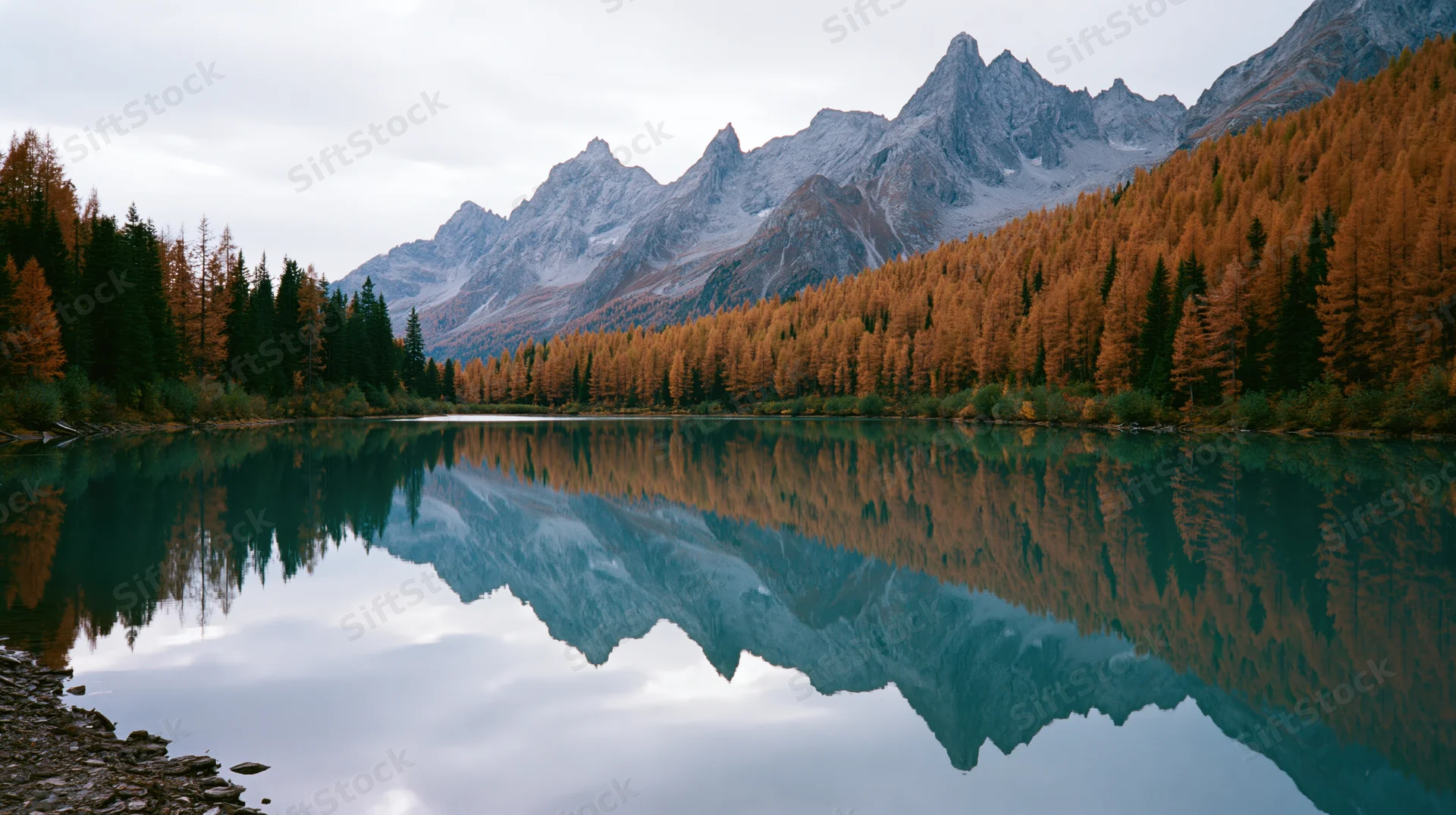Alpine lake reflecting snow-capped mountains and autumn forest in still turquoise water