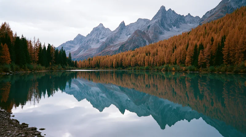 Alpine lake reflecting snow-capped mountains and autumn forest in still turquoise water