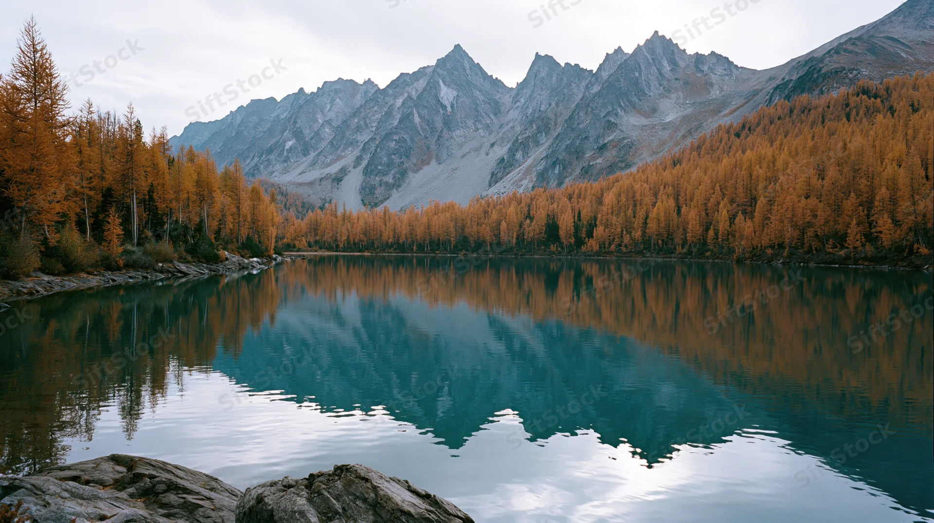 Alpine lake reflecting jagged mountains and golden autumn trees under cloudy sky