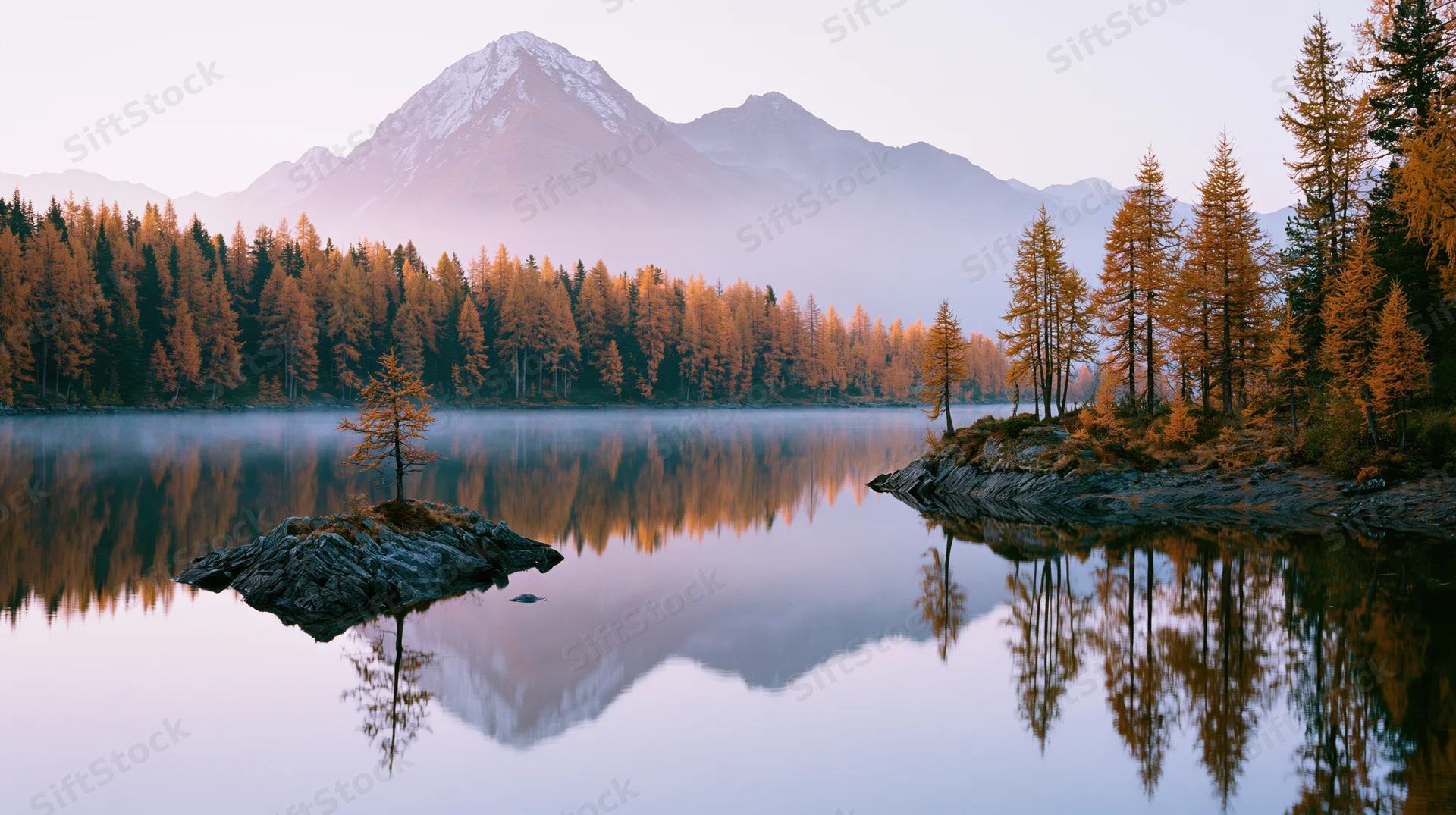 Alpine lake at dawn with still water reflecting golden autumn trees and snow-capped mountains