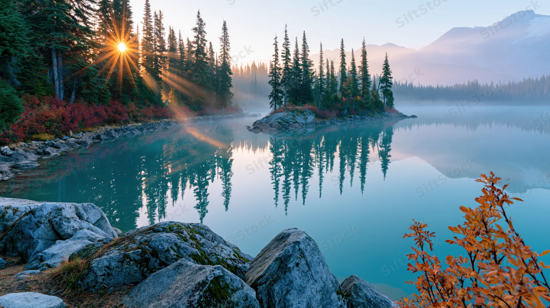 Alpine lake at sunrise with calm turquoise water reflecting pine trees and mountains, surrounded by autumn foliage and rocks