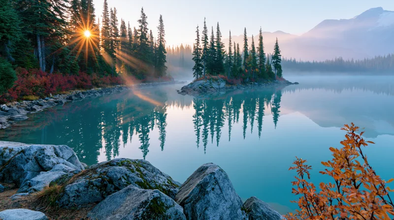 Alpine lake at sunrise with calm turquoise water reflecting pine trees and mountains, surrounded by autumn foliage and rocks
