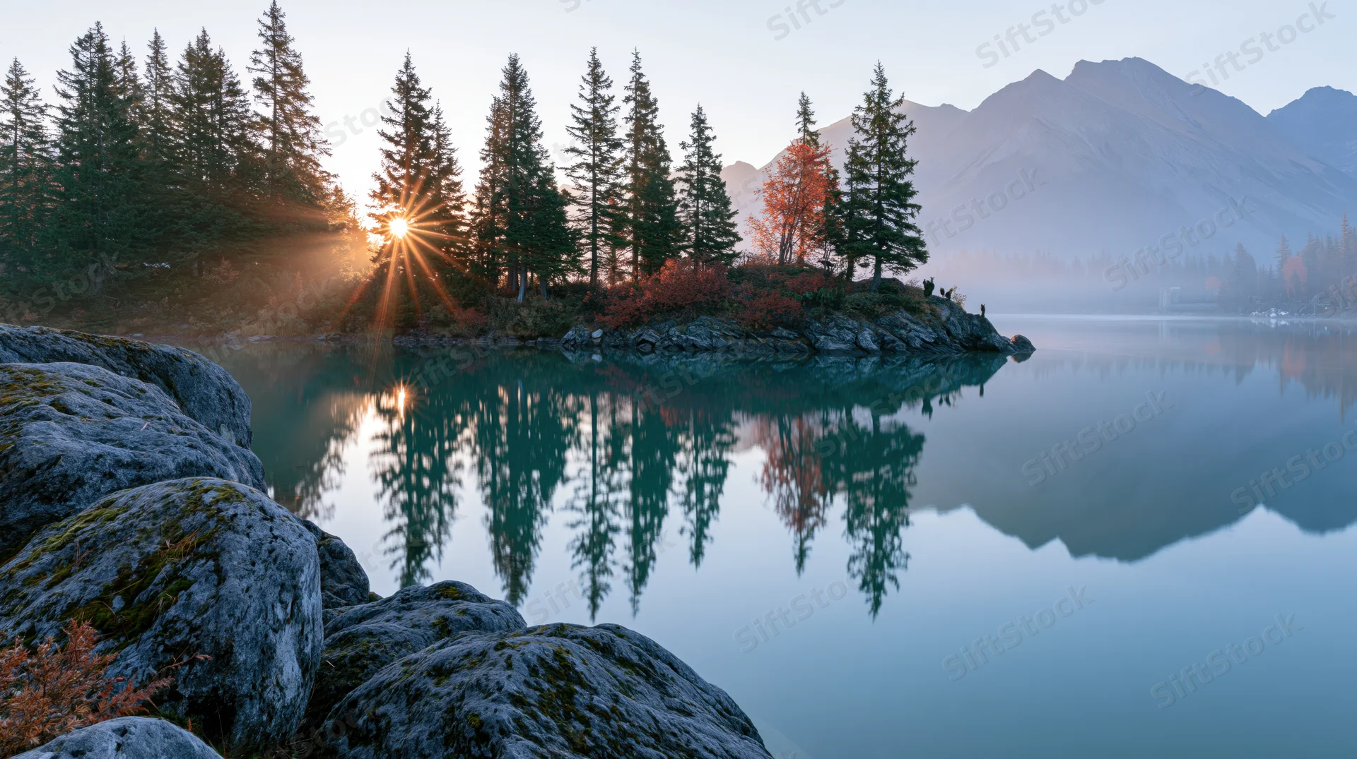 Sunrise over calm alpine lake reflecting pine trees and mountains in turquoise water