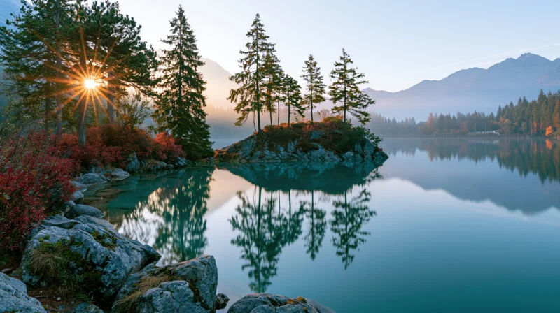 Alpine lake at sunrise with calm turquoise water reflecting pine trees and mountains