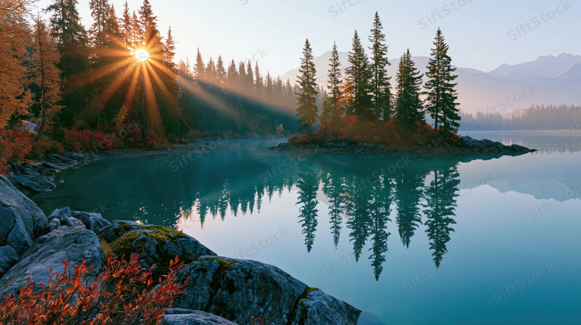 Alpine lake at sunrise with calm turquoise water reflecting pine trees and mountains, surrounded by autumn foliage and rocky shoreline