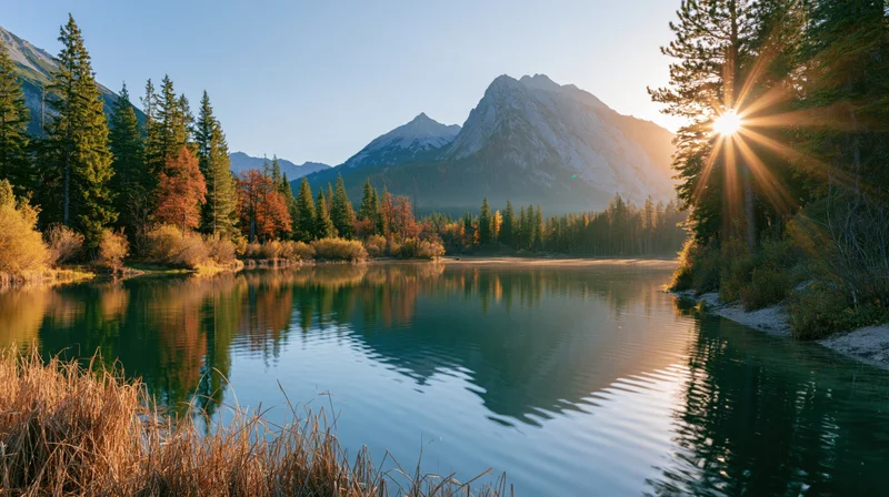 Alpine lake reflecting mountains and autumn trees at sunrise
