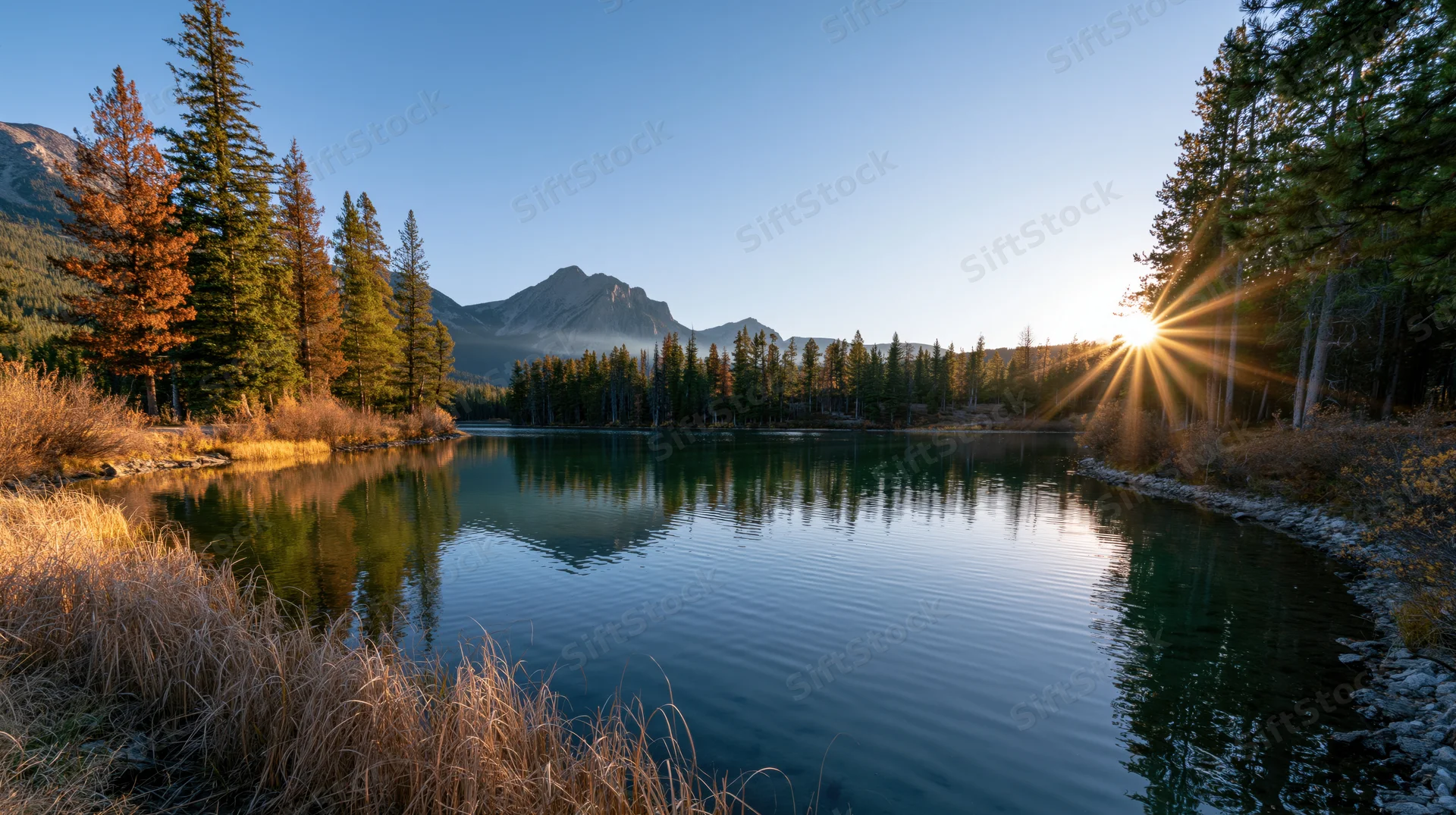 Calm alpine lake reflecting mountains and trees at sunrise in autumn forest
