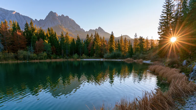 Alpine lake reflecting mountains and forest at sunrise in autumn