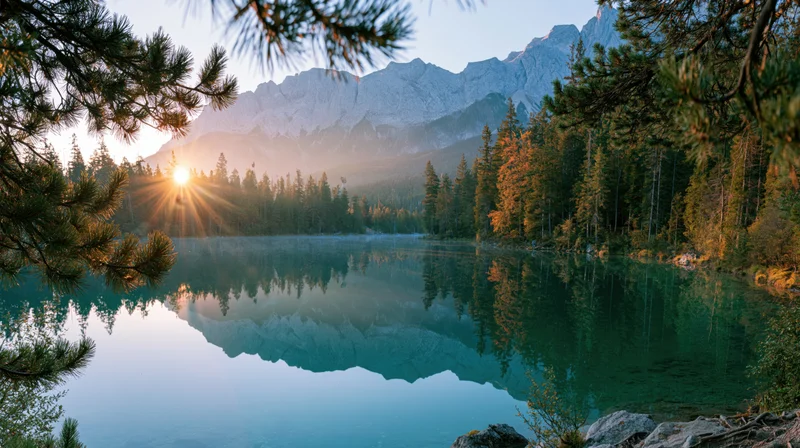 Alpine lake reflecting mountains and forest at sunrise with still water and pine branches framing the view