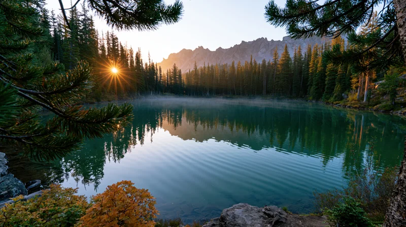 Alpine lake reflecting mountains and forest at sunrise with mist over still water