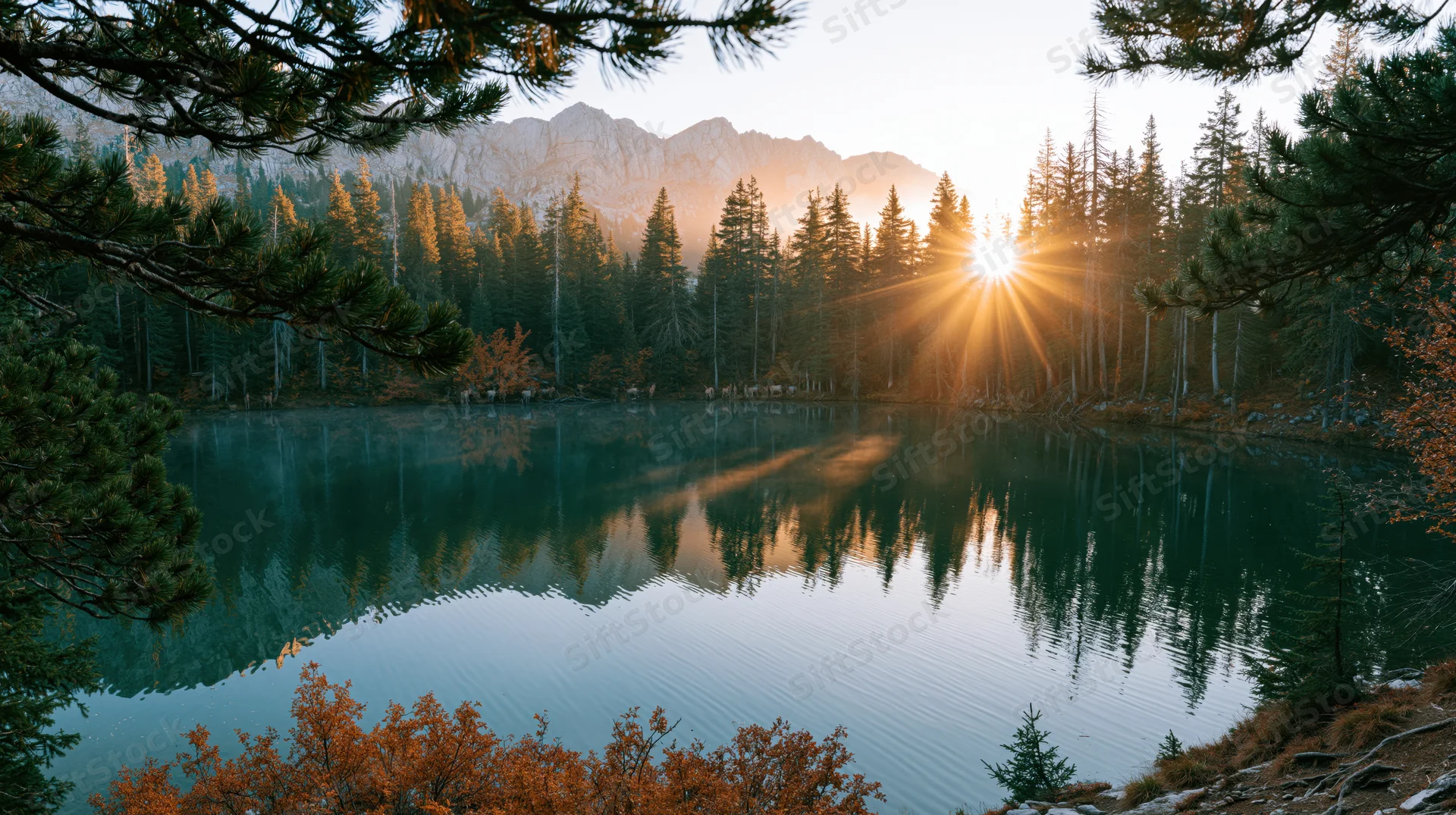 Alpine lake at sunrise with still water reflecting mountains and forest through pine branches