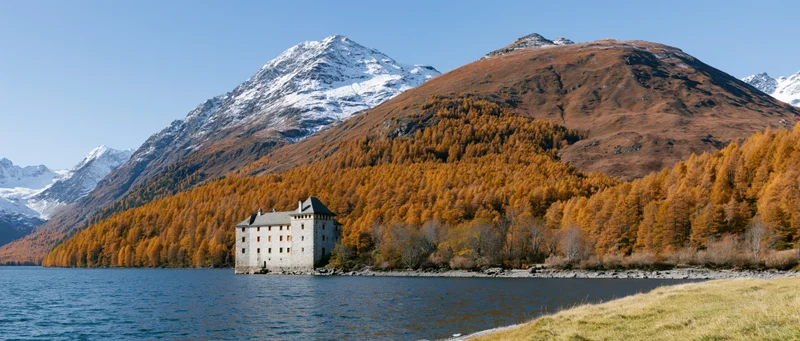 Wide panoramic view of alpine lake shoreline with autumn forest and snow-capped mountains