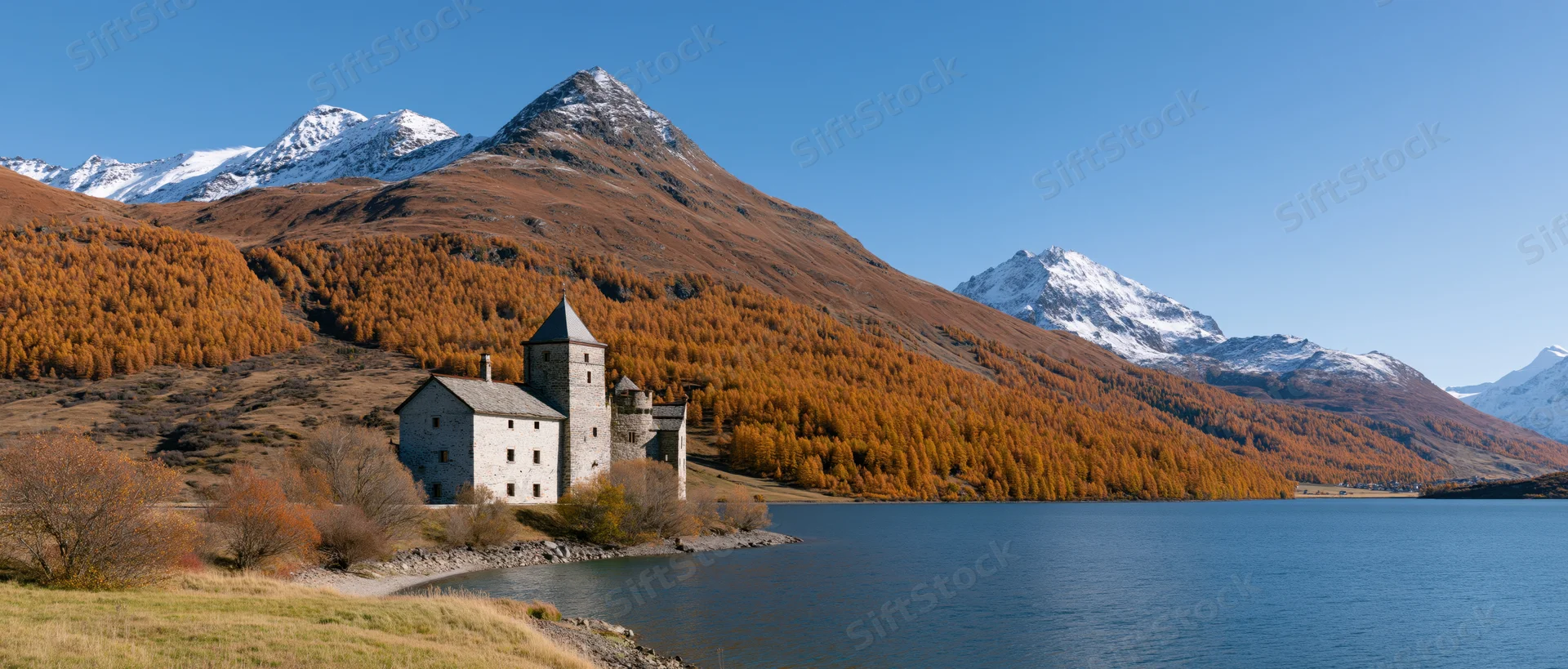 Stone castle on alpine lake shoreline surrounded by autumn forest and snow-capped mountains