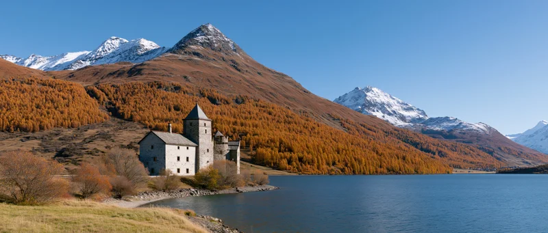 Stone castle on alpine lake shoreline surrounded by autumn forest and snow-capped mountains