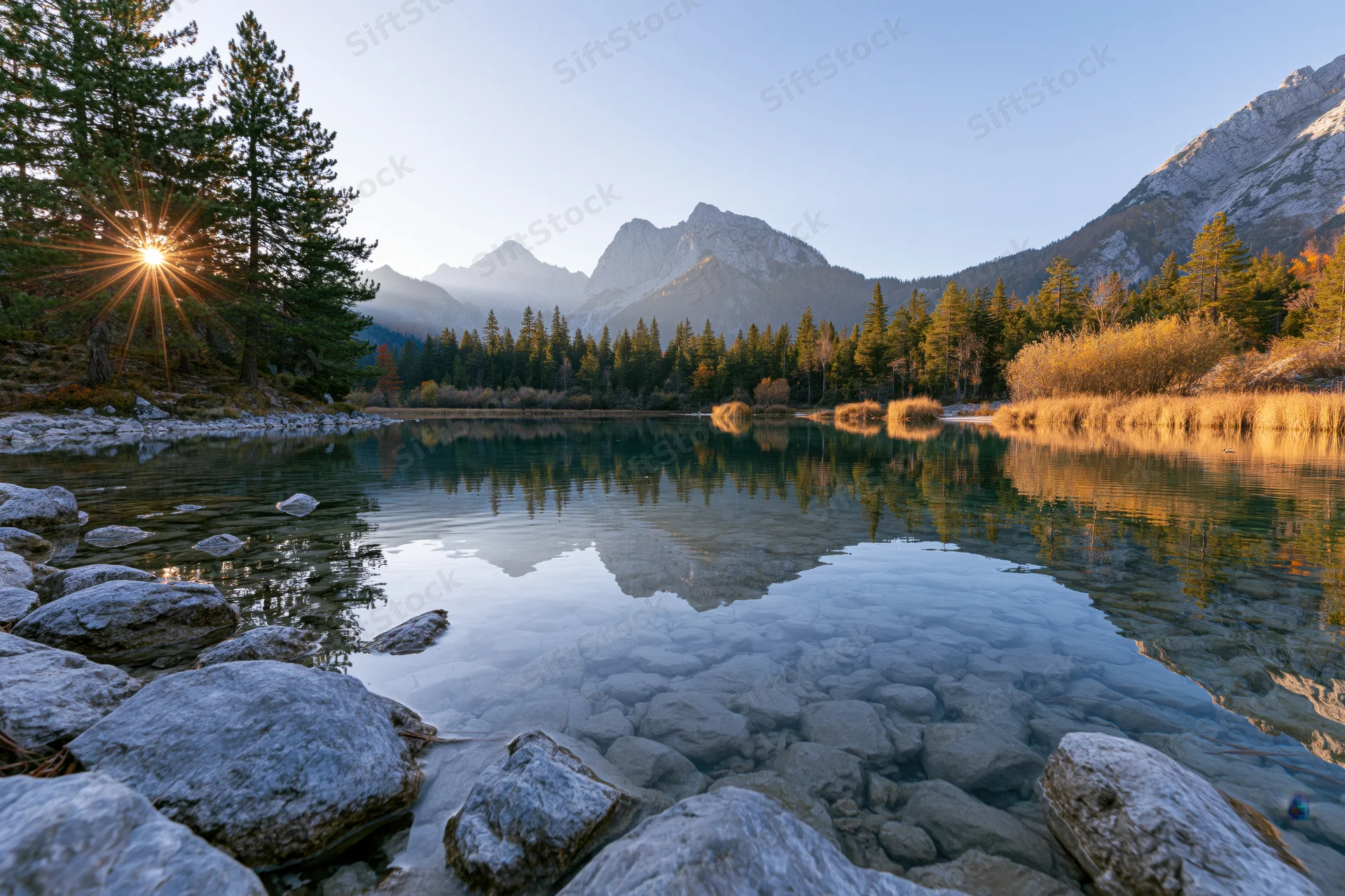 Alpine lake with clear shallow water reflecting pine trees and mountains at sunrise