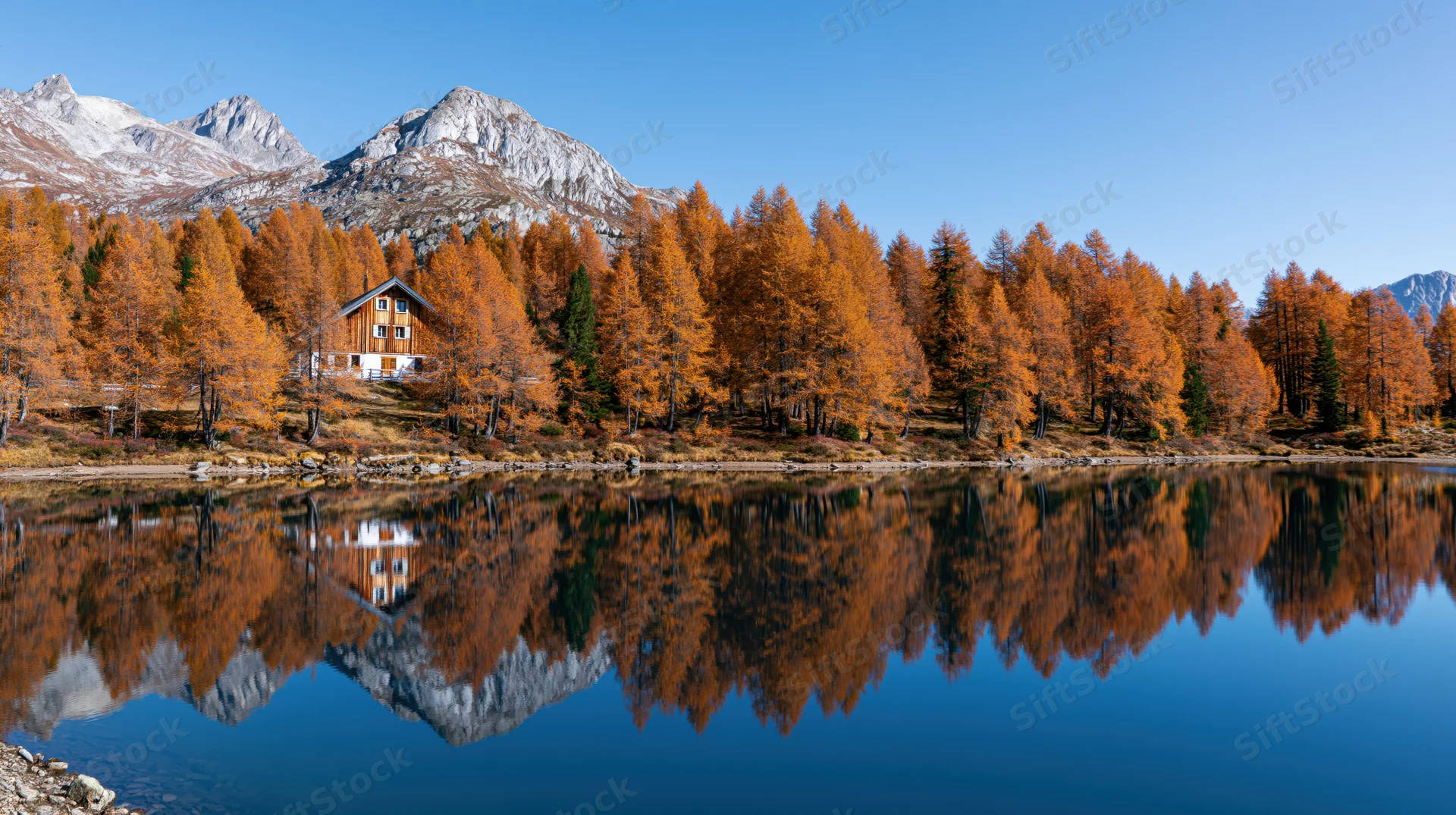Alpine lake reflecting autumn trees and cabin under clear blue sky