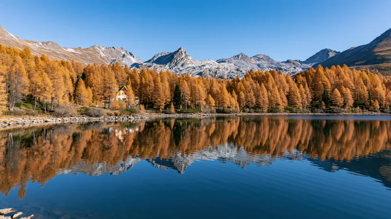 Calm alpine lake reflecting golden autumn trees and mountains under clear blue sky