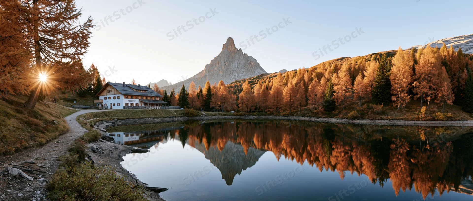 Alpine mountain lake reflecting autumn trees and a peak at golden hour in the dolomites