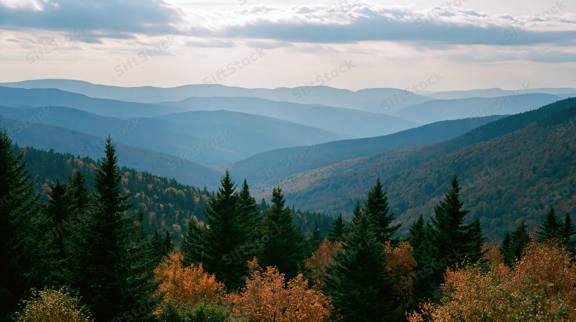 Layered mountain ridgelines covered in autumn forest viewed from a high vantage point