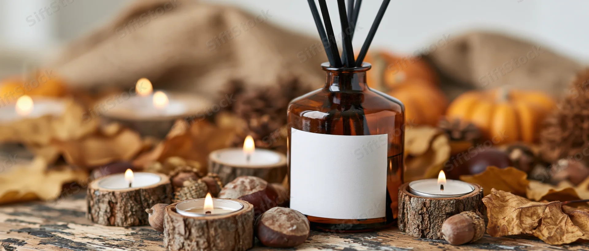 Amber glass reed diffuser with blank label surrounded by lit candles in wood slices and autumn decor on rustic table