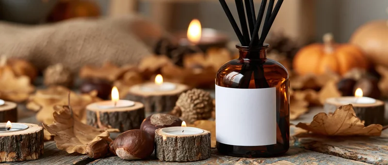 Amber glass reed diffuser with blank label surrounded by lit candles on wood slices and autumn decor on rustic table