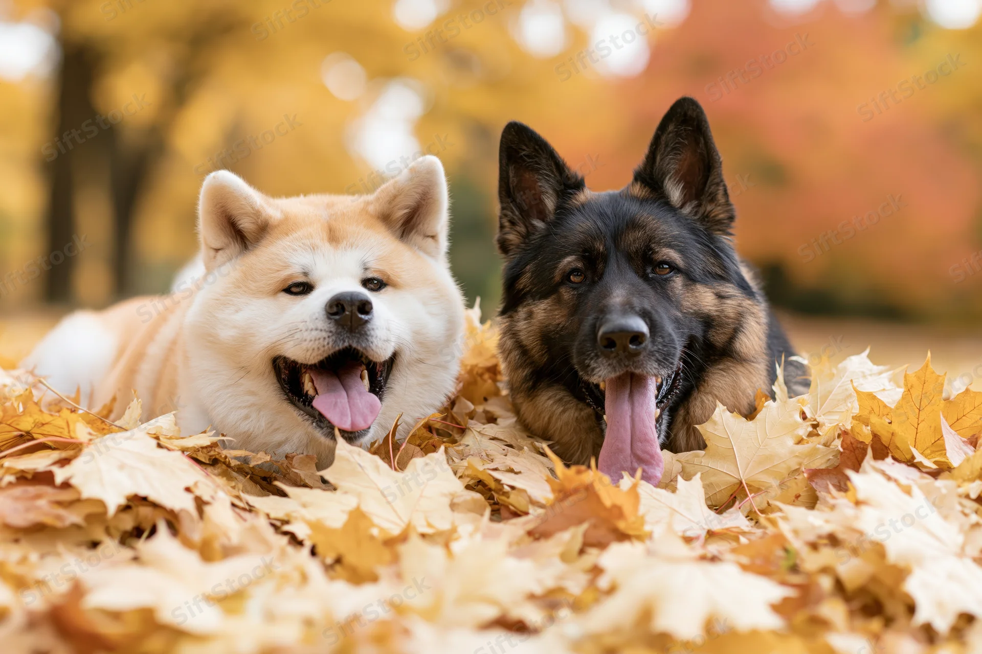 Two dogs lying side by side in a pile of autumn leaves in a park