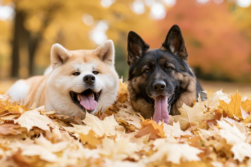 Two dogs lying side by side in a pile of autumn leaves in a park
