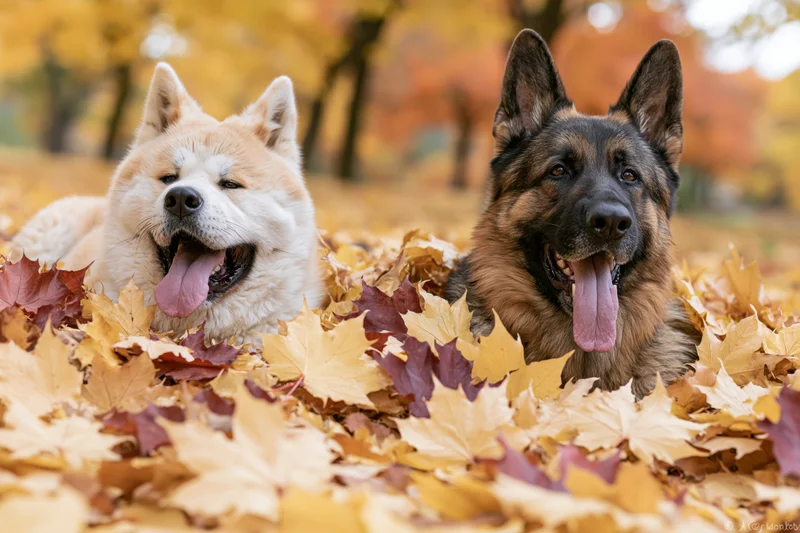 Two dogs lying side by side in autumn leaves in a park