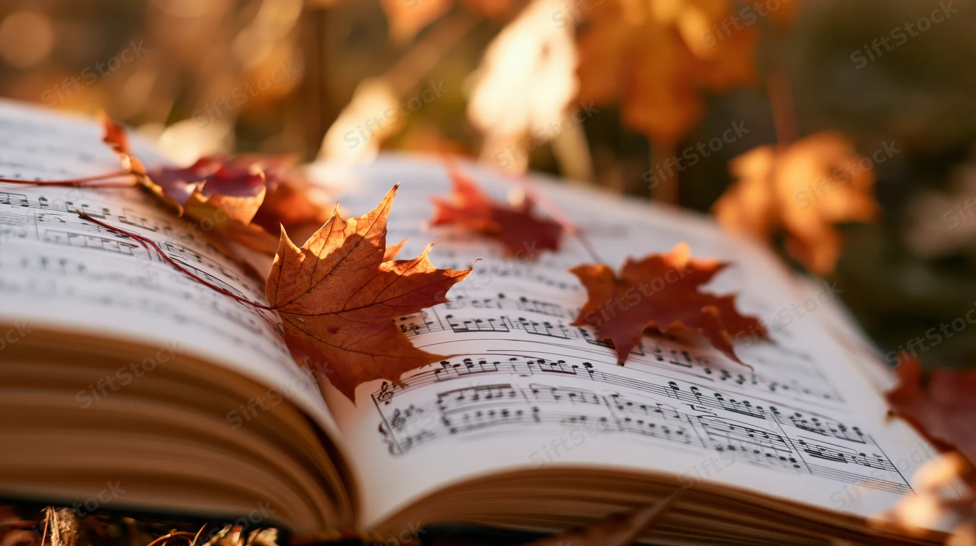 Open sheet music book with autumn maple leaves resting on pages outdoors in warm sunlight