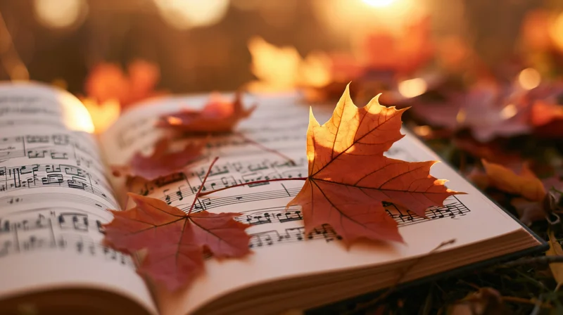 Open sheet music book with autumn maple leaves resting on pages outdoors