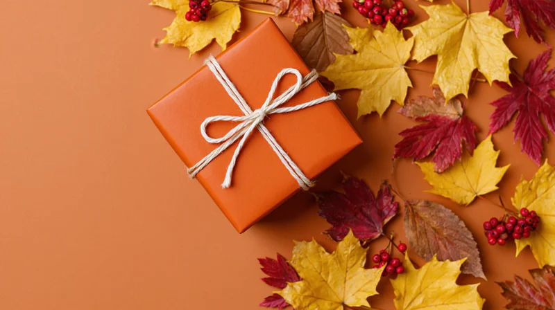 Orange gift box tied with white twine bow surrounded by autumn maple leaves and red berries on orange surface