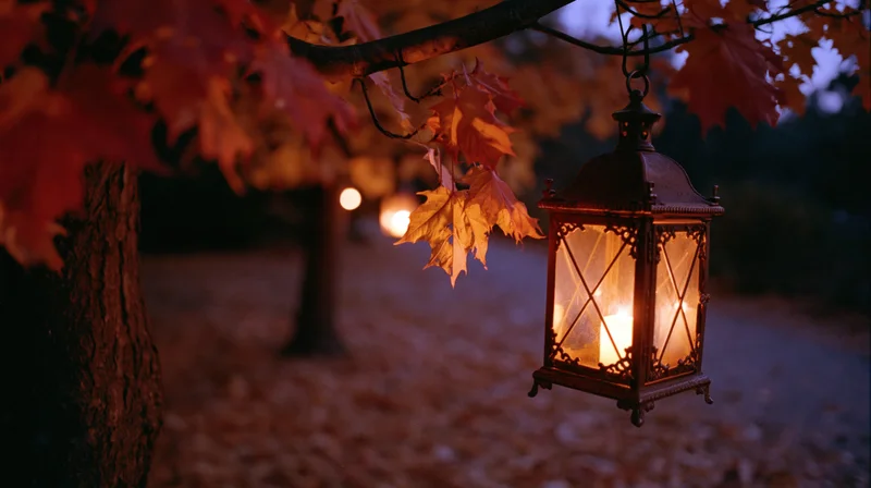 Ornate metal lantern glowing with warm candlelight hanging from a tree branch in an autumn garden at dusk