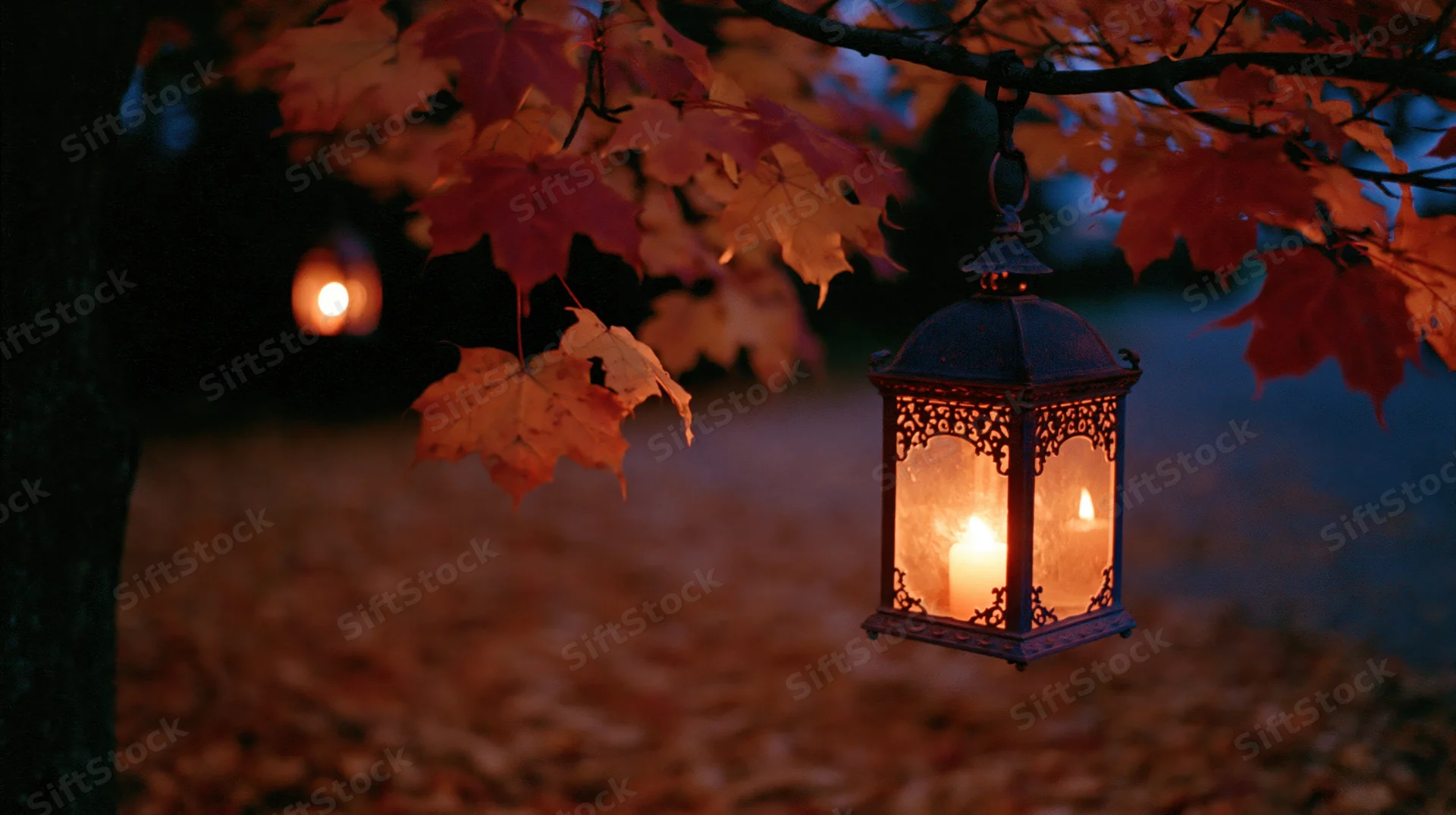 Ornate metal lantern glowing with candlelight hanging from a maple tree branch in an autumn forest at twilight