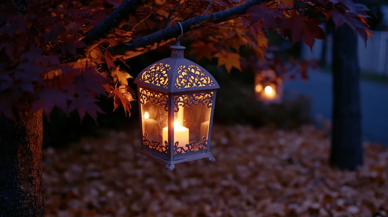 Ornate metal lantern glowing with candlelight hanging from tree branch in autumn garden at dusk