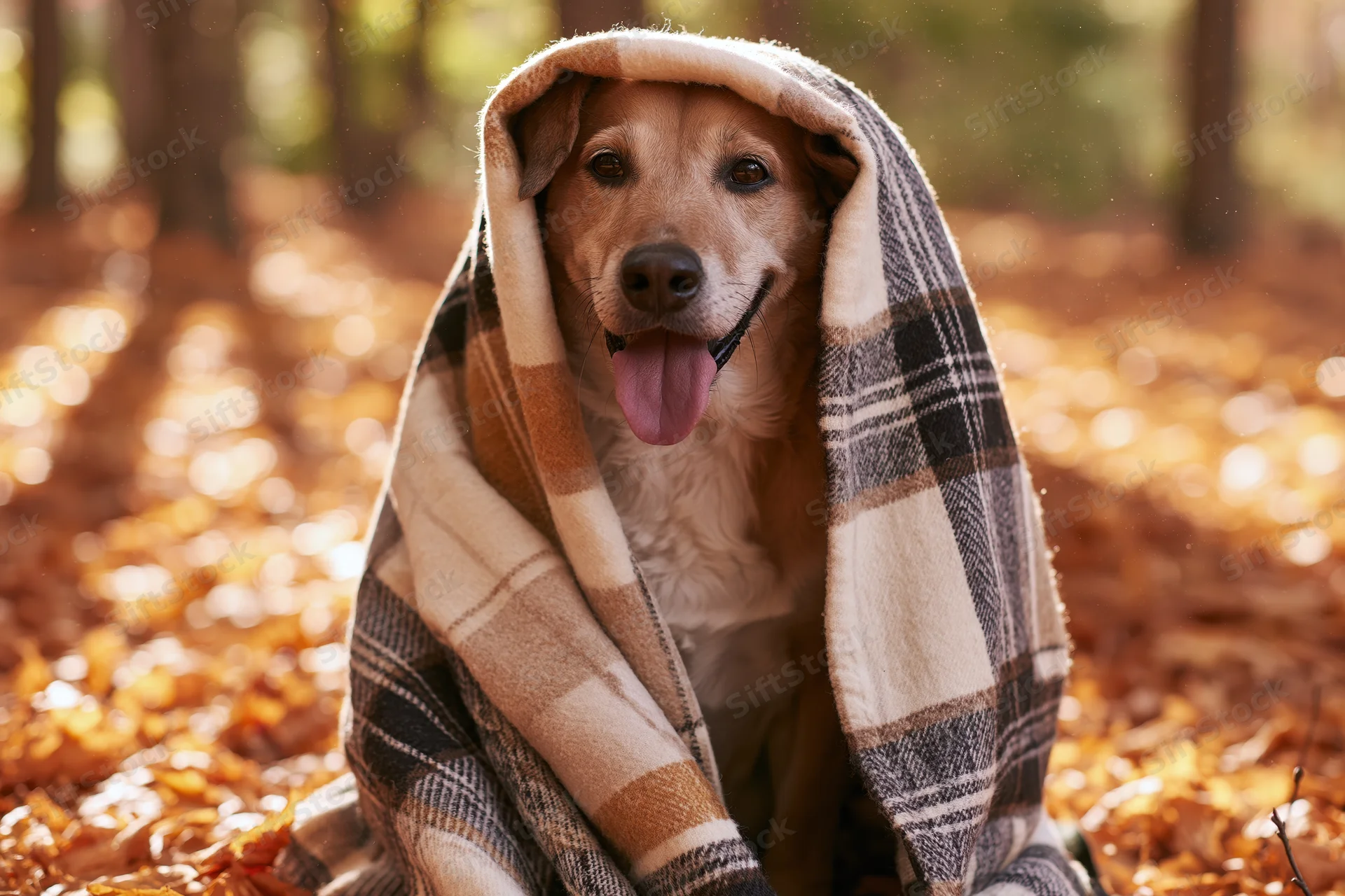 Dog wrapped in plaid blanket sitting among autumn leaves in forest